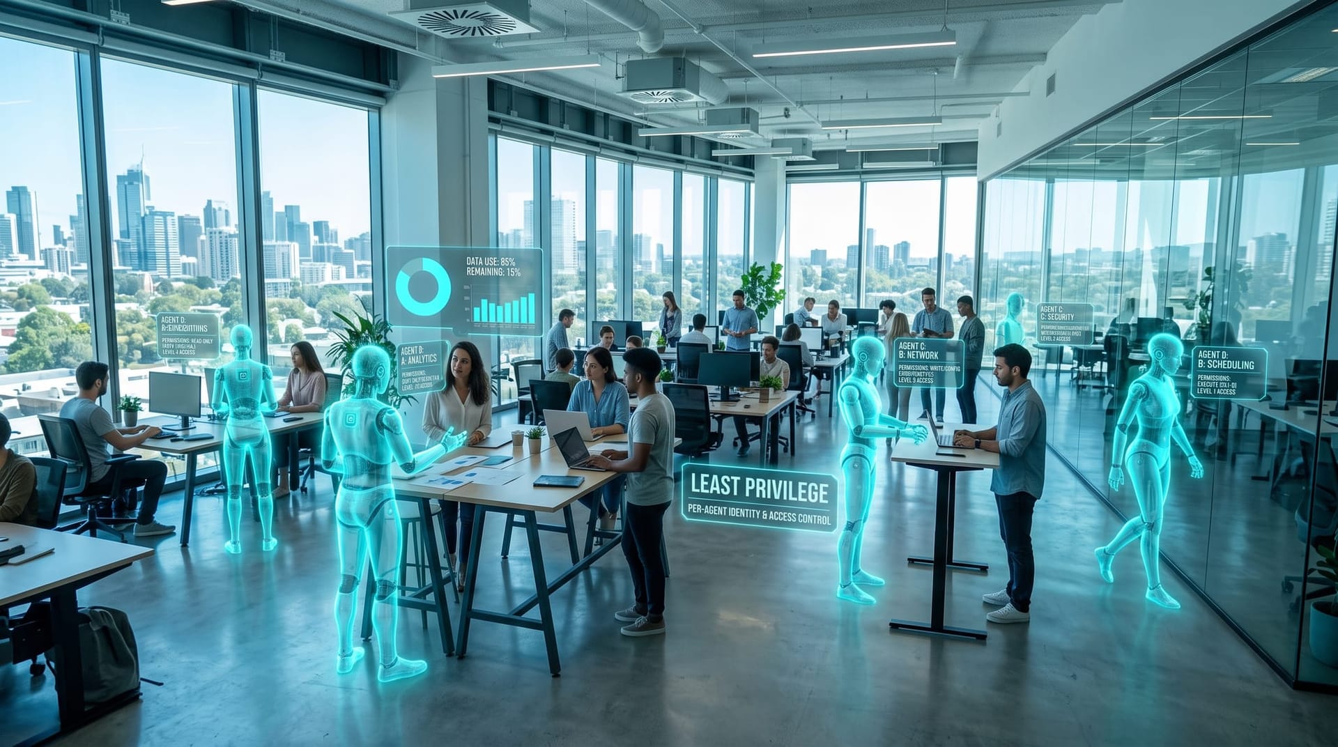 Each holographic AI employee avatar carrying its own glowing identity badge and scoped credential in a bright cool-blue open office