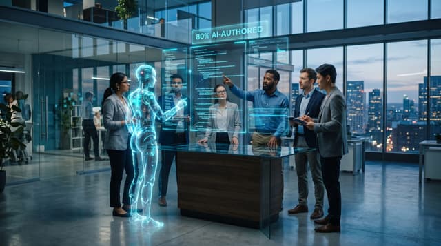 A software team in a glass-walled office reviewing AI-authored code on floating cyan panels beside a translucent holographic AI engineer avatar