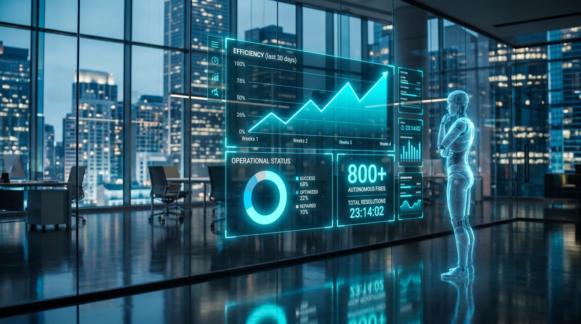 Floating cyan dashboards showing rising code-merge volume and an AI agent shipping hundreds of fixes in a futuristic cool-lit office