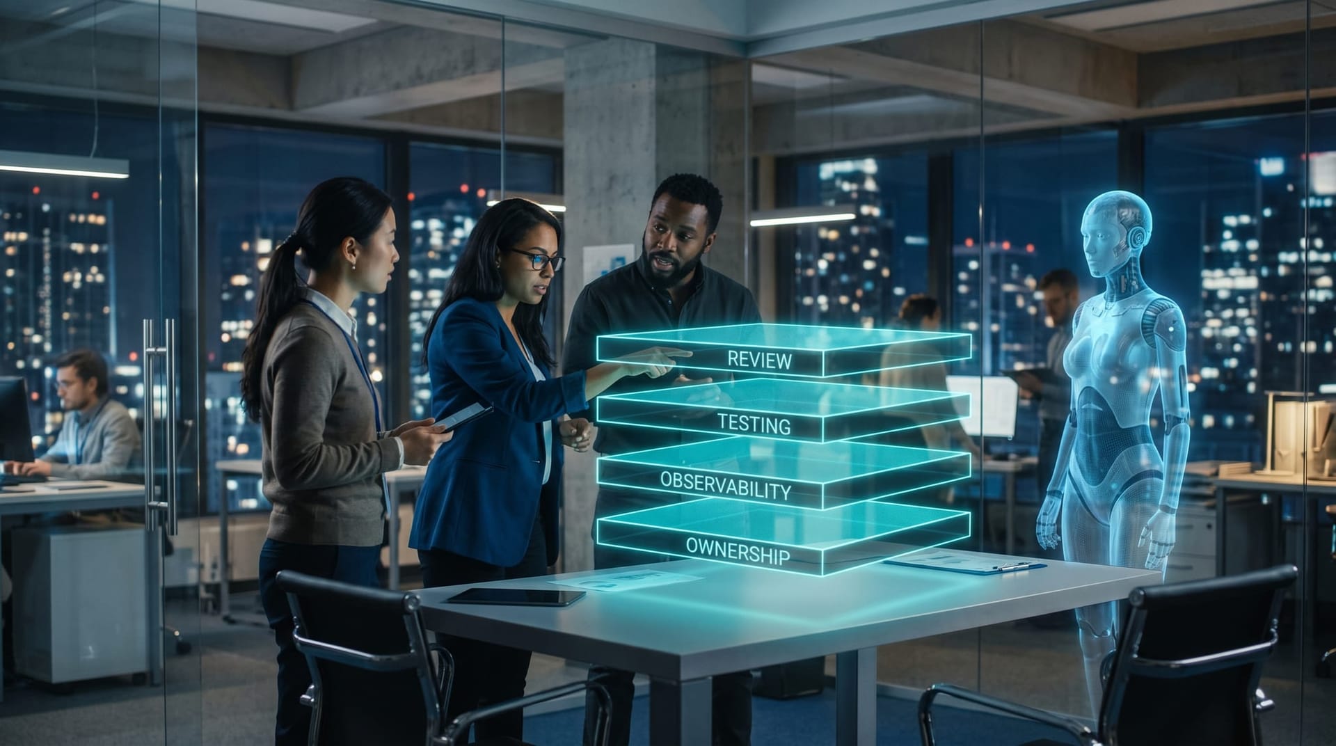 Four stacked cyan holographic layers representing review, testing, observability, and ownership of AI-authored code in a glass office