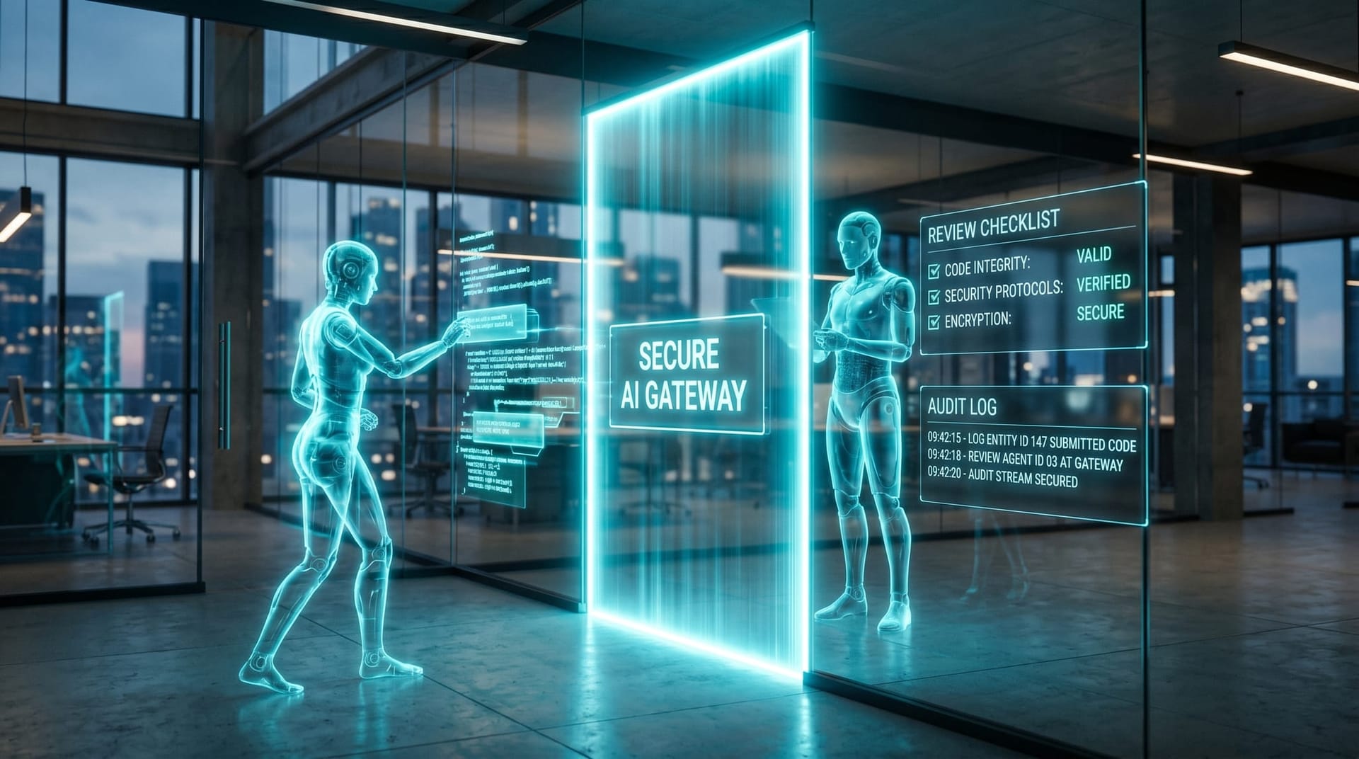 A holographic manager-agent checkpoint and Secure AI Gateway gating AI-authored commits before deployment with floating audit panels