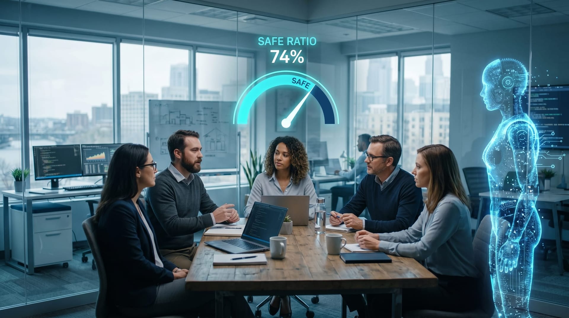 A Northeast Indiana development team pacing their AI-authoring ratio against a floating cyan readiness gauge in a calm cool-lit office