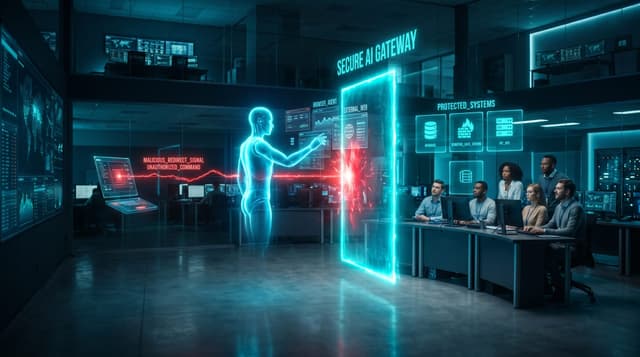 A translucent cyan AI browser agent meets a glowing red prompt-injection signal that a secure gateway boundary blocks before it reaches business systems