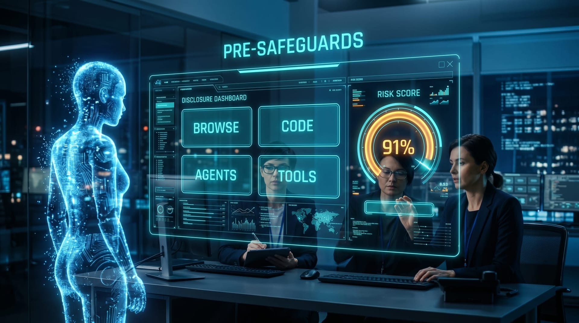 A glowing cyan disclosure dashboard shows four AI agent surfaces and an injection rate gauge as analysts review it in a dark glass office