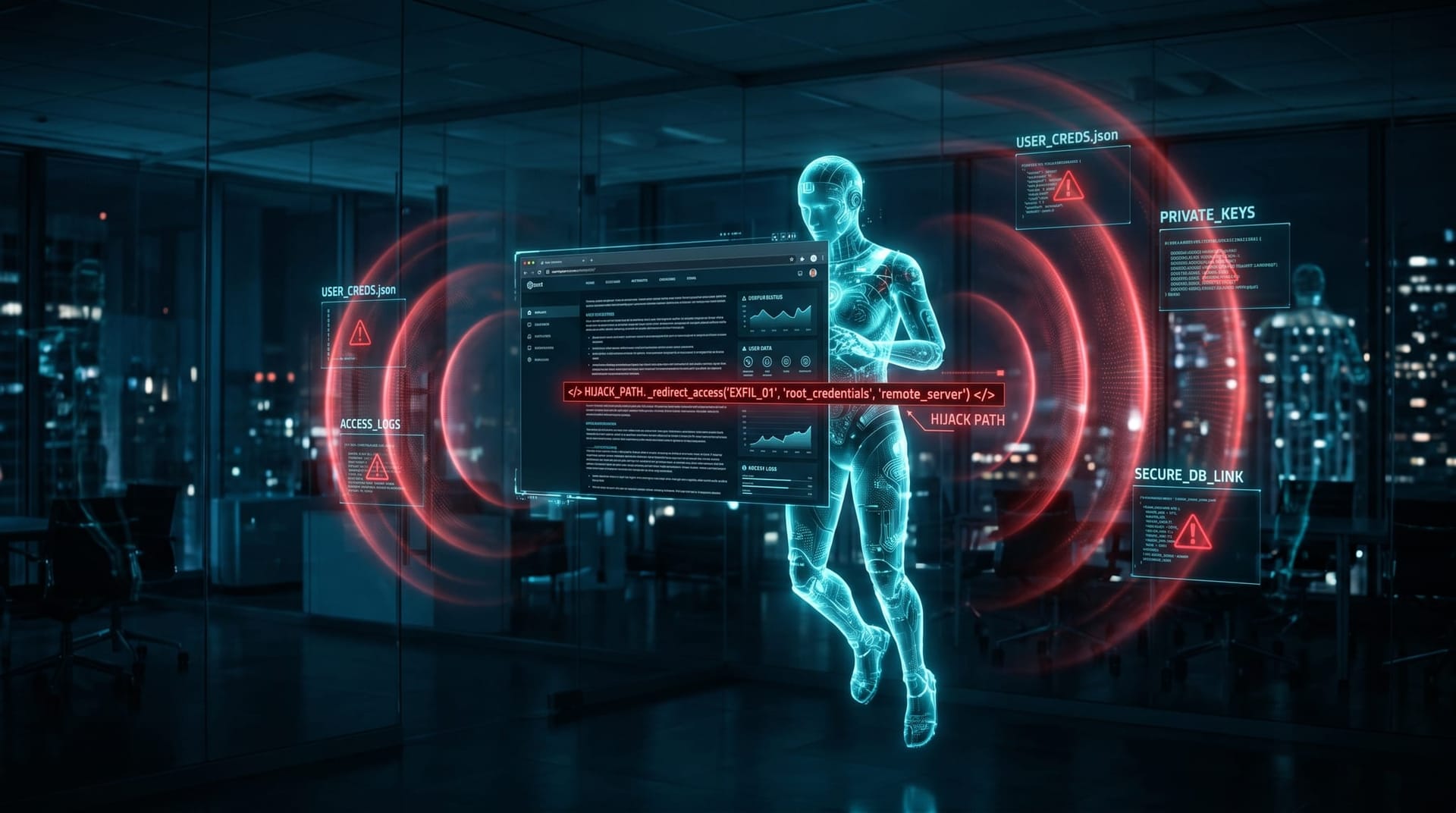 A hijacked cyan AI agent follows a red malicious instruction hidden in a floating web page while its reach toward credentials is shown as a blast radius