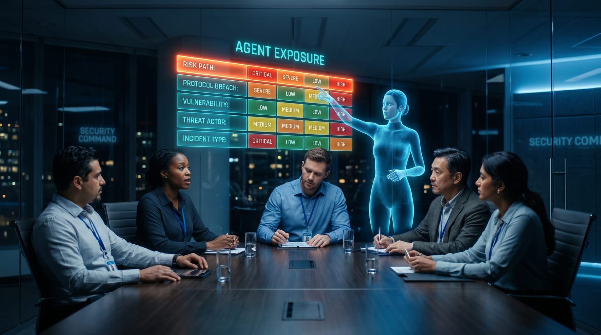 A glowing cyan exposure matrix grid scores AI agents by capability access and injection risk as a security team prioritizes the riskiest rows