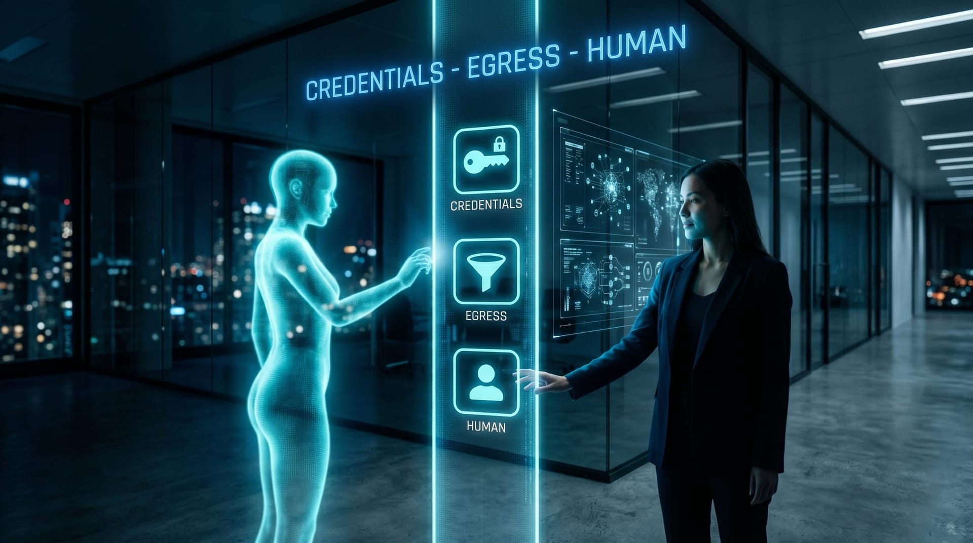 A secure gateway layer with credential isolation egress allow-listing and a human checkpoint sits between a cyan AI agent and protected business systems