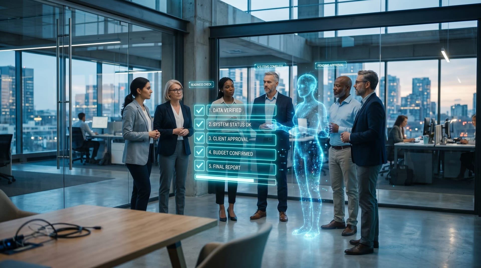 A Northeast Indiana business team reviews a glowing cyan five-point agent readiness checklist with an AI employee before deploying autonomous agents
