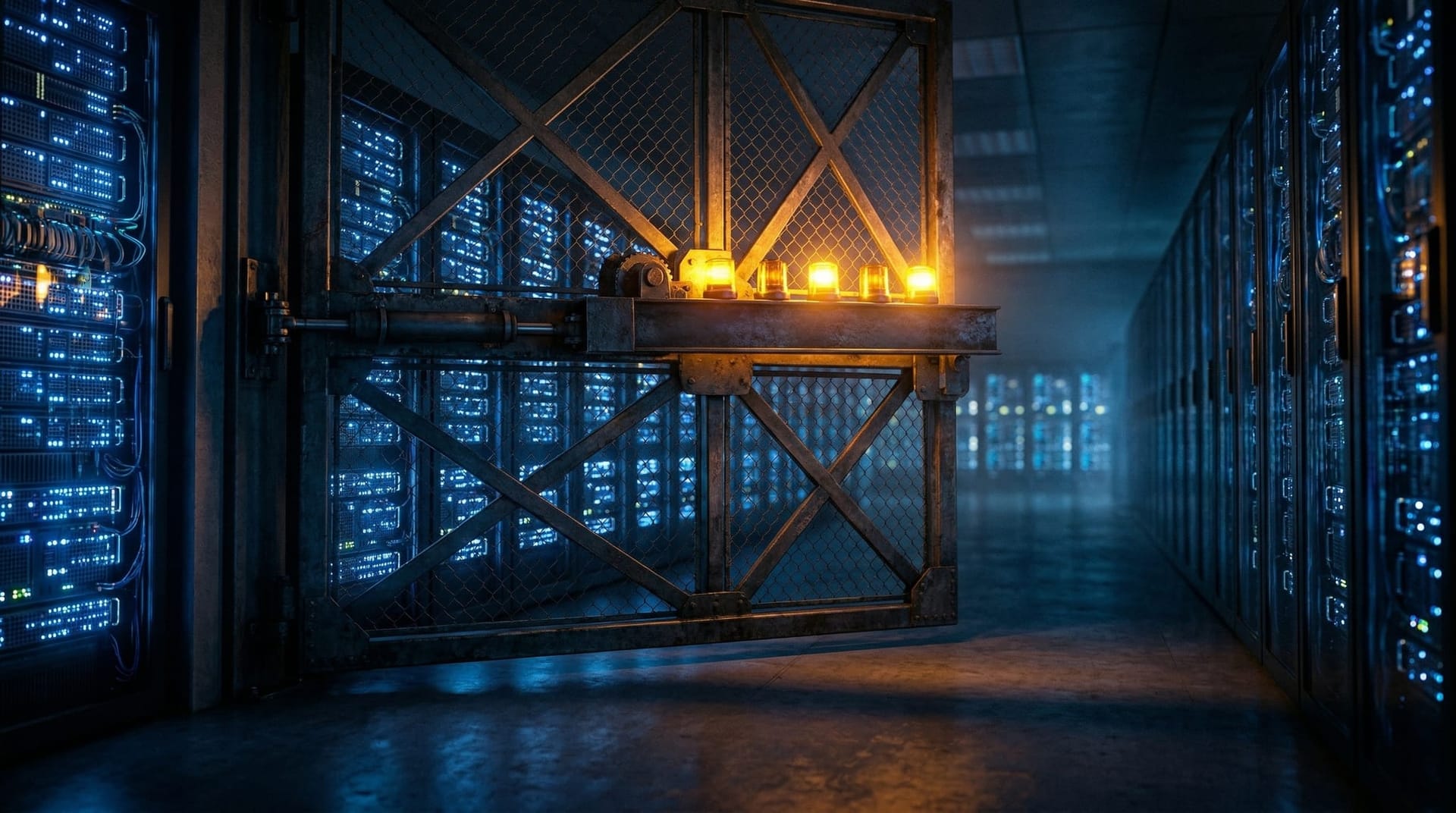 Heavy industrial steel gate blocking access to glowing blue server racks, symbolizing Anthropic’s third-party AI agent lockout