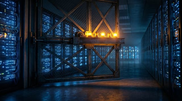 Heavy industrial steel gate blocking access to glowing blue server racks, symbolizing Anthropic’s third-party AI agent lockout
