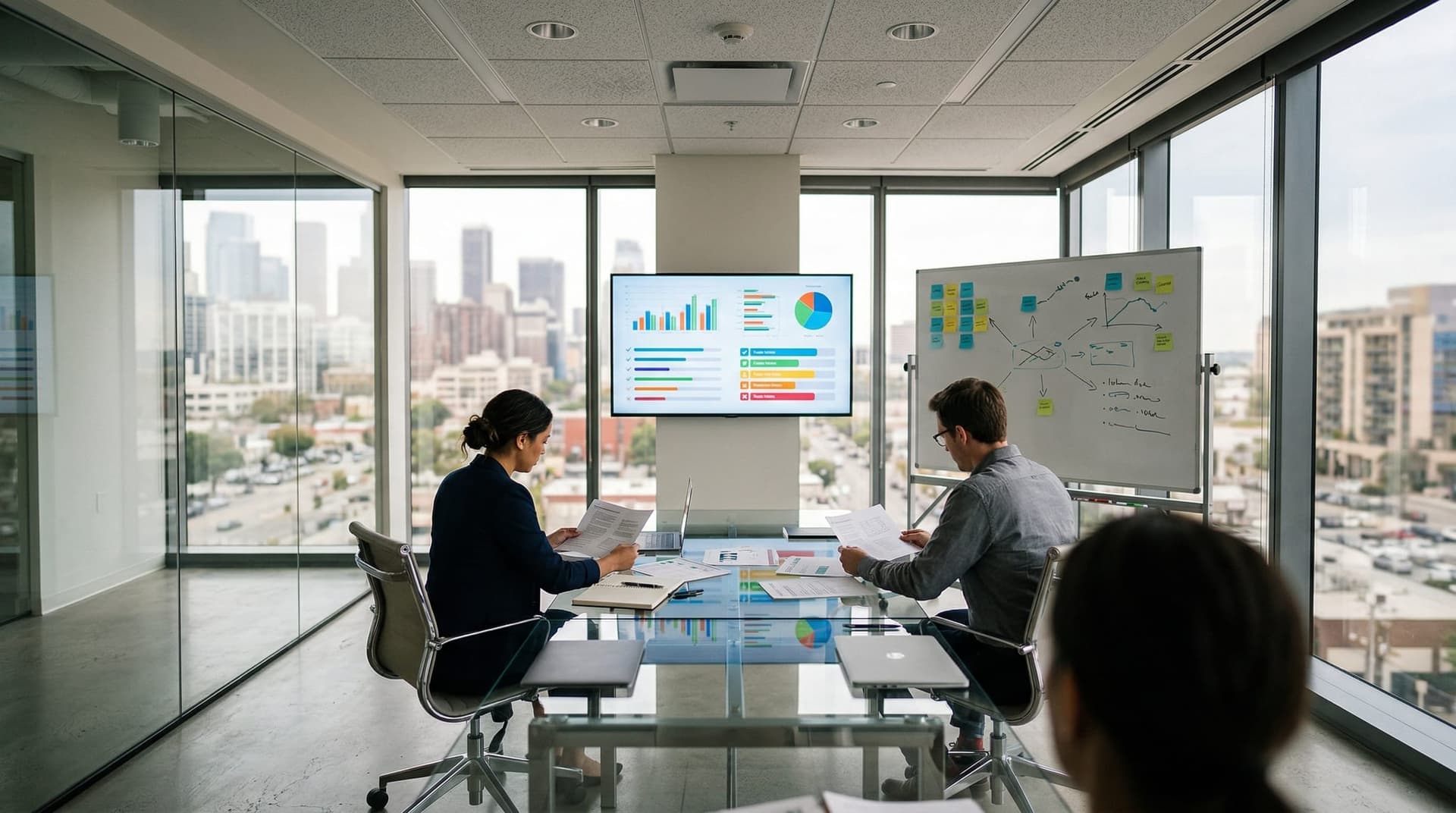 Conference room with professionals reviewing AI vendor risk assessment documents and colorful audit charts on a large monitor and whiteboard