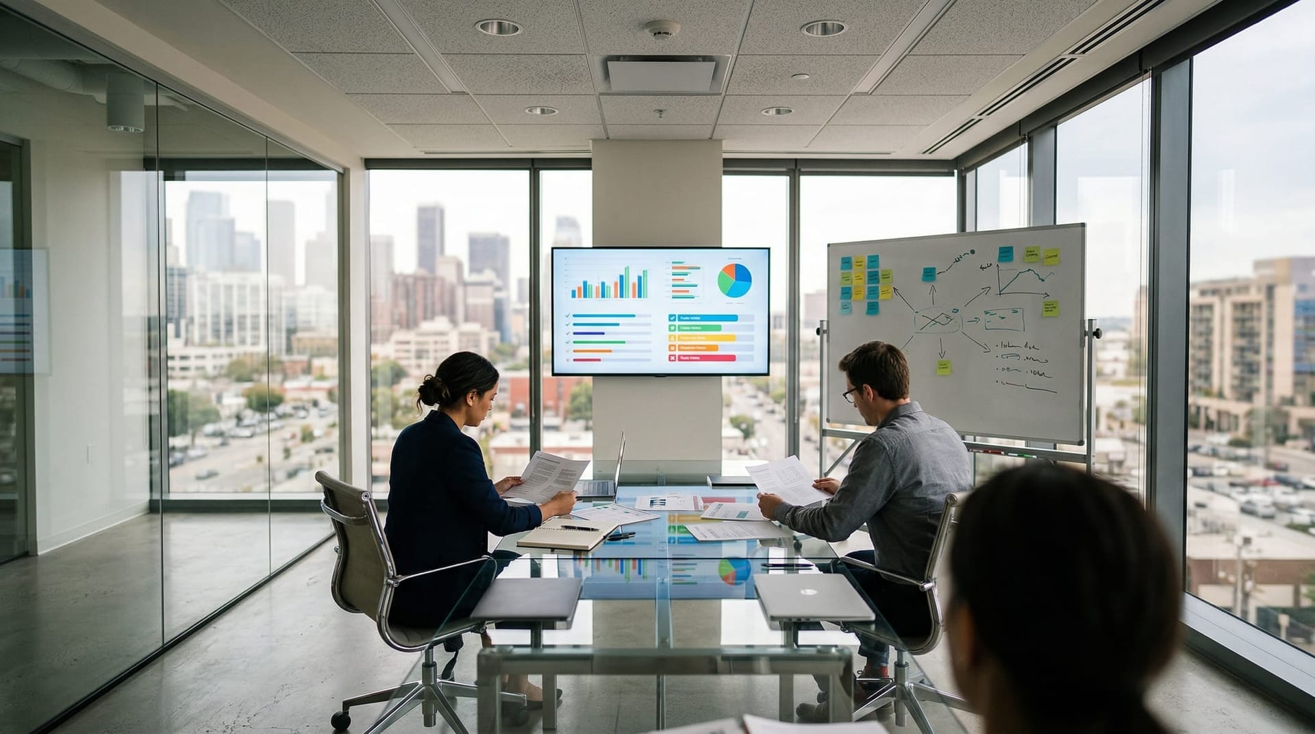 Conference room with professionals reviewing AI vendor risk assessment documents and colorful audit charts on a large monitor and whiteboard