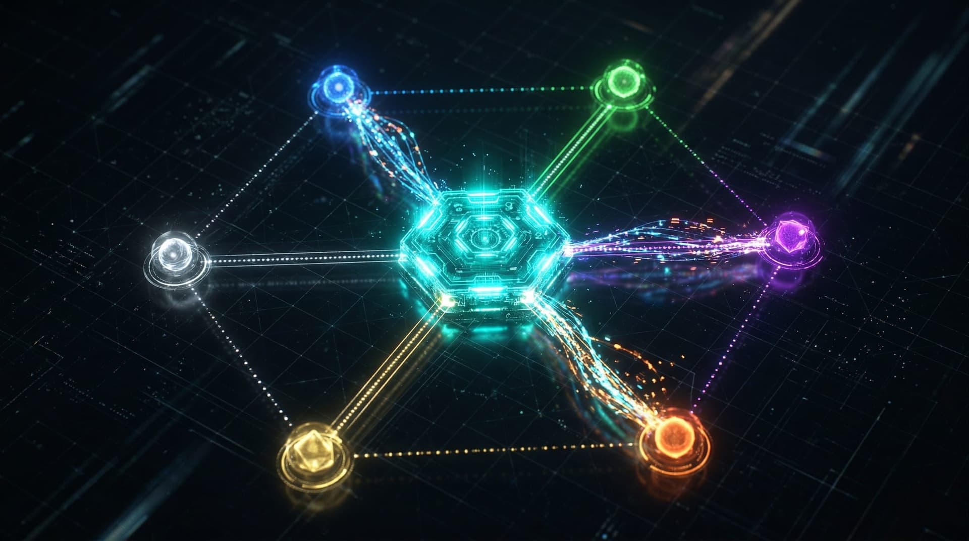 Central teal hexagonal hub connecting six AI model nodes through luminous data pathways, illustrating multi-model routing with automatic failover