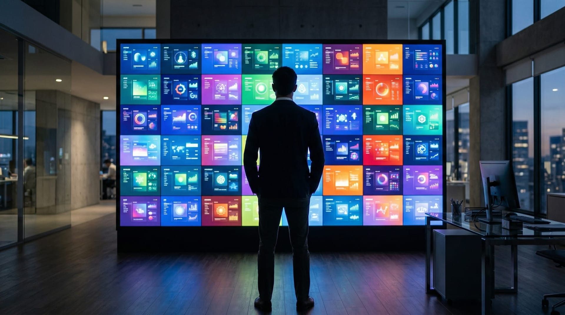 Business professional evaluating multiple AI vendor platform interfaces displayed on a large wall-mounted screen for strategic diversification planning