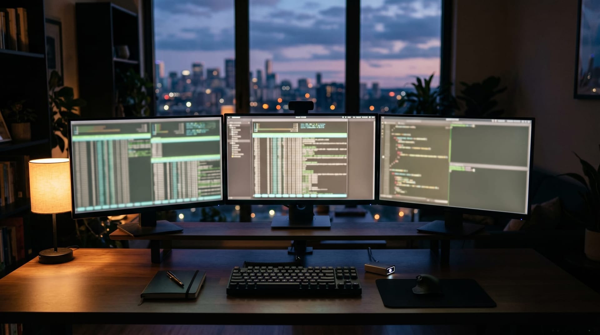 Empty developer workstation at dusk with a triple-monitor setup showing blurred terminal panes and an isolated USB-style hardware key resting on a closed notebook, representing AI coding agent extension and credential isolation.
