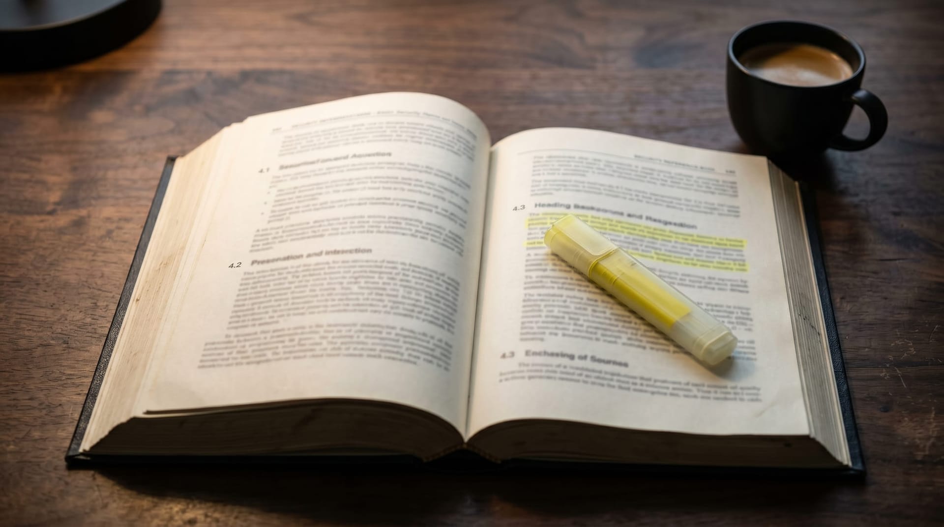 Open security framework reference book on a dark wooden desk with a translucent highlighter resting across a blurred numbered-section page, representing the OWASP LLM Top 10 risk catalog for AI procurement.