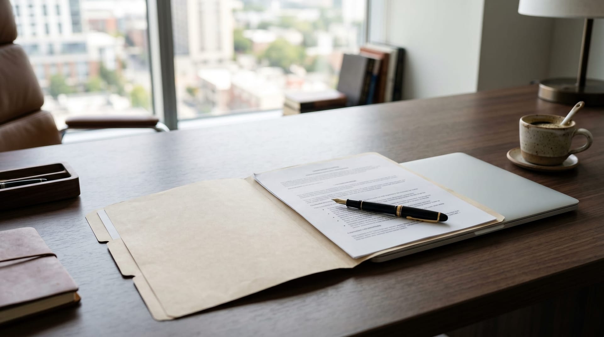 Clean executive desk with a four-tab folder, a closed laptop and a fountain pen on a printed contract template, representing the four-step buyer response checklist for AI extension supply-chain risk.