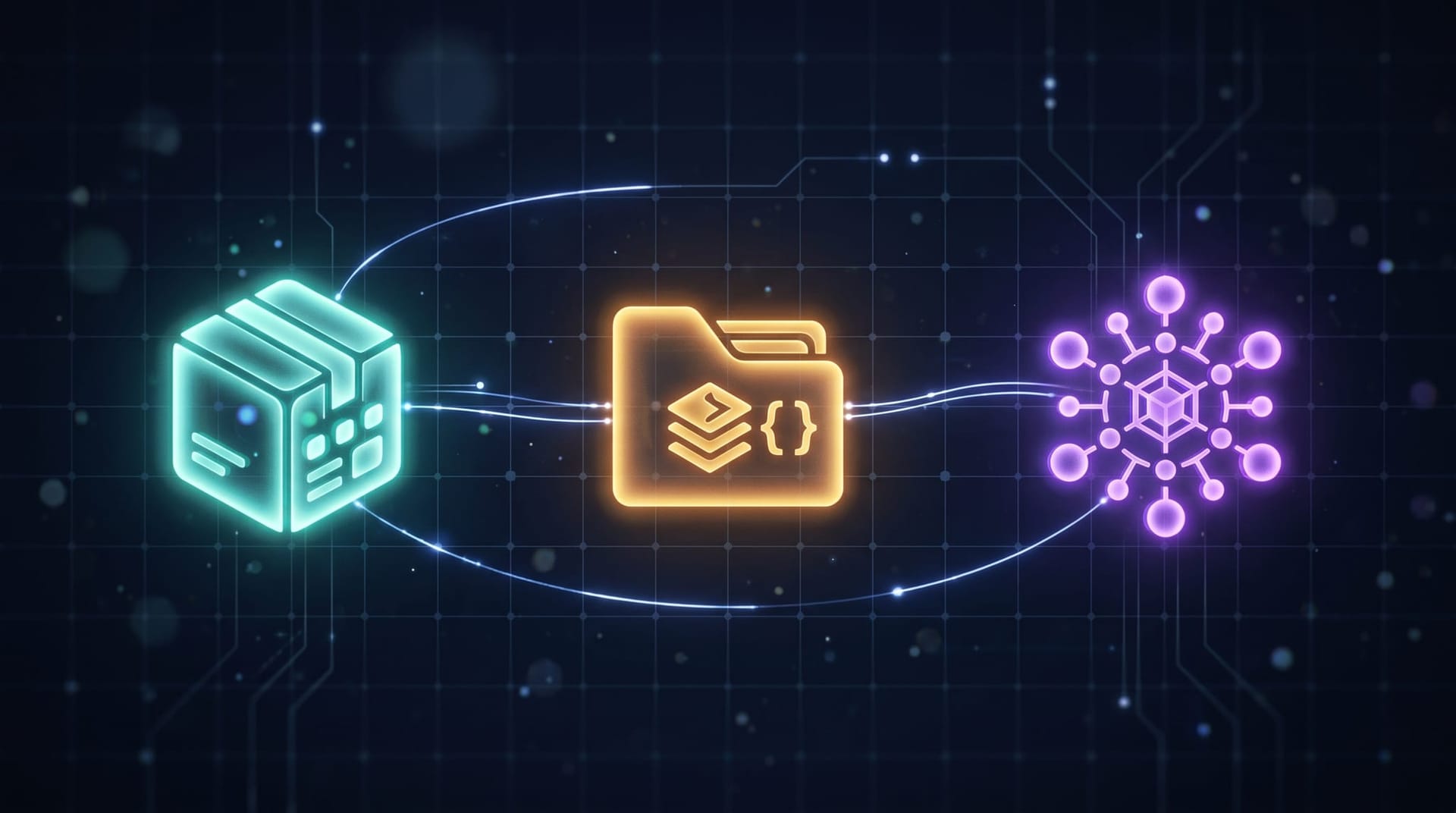 Conceptual triptych illustration of three glowing extension-surface icons — a packaged module, a code repository, and a network protocol node — connected on a dark grid, representing the May 2026 AI extension supply-chain incident cluster.