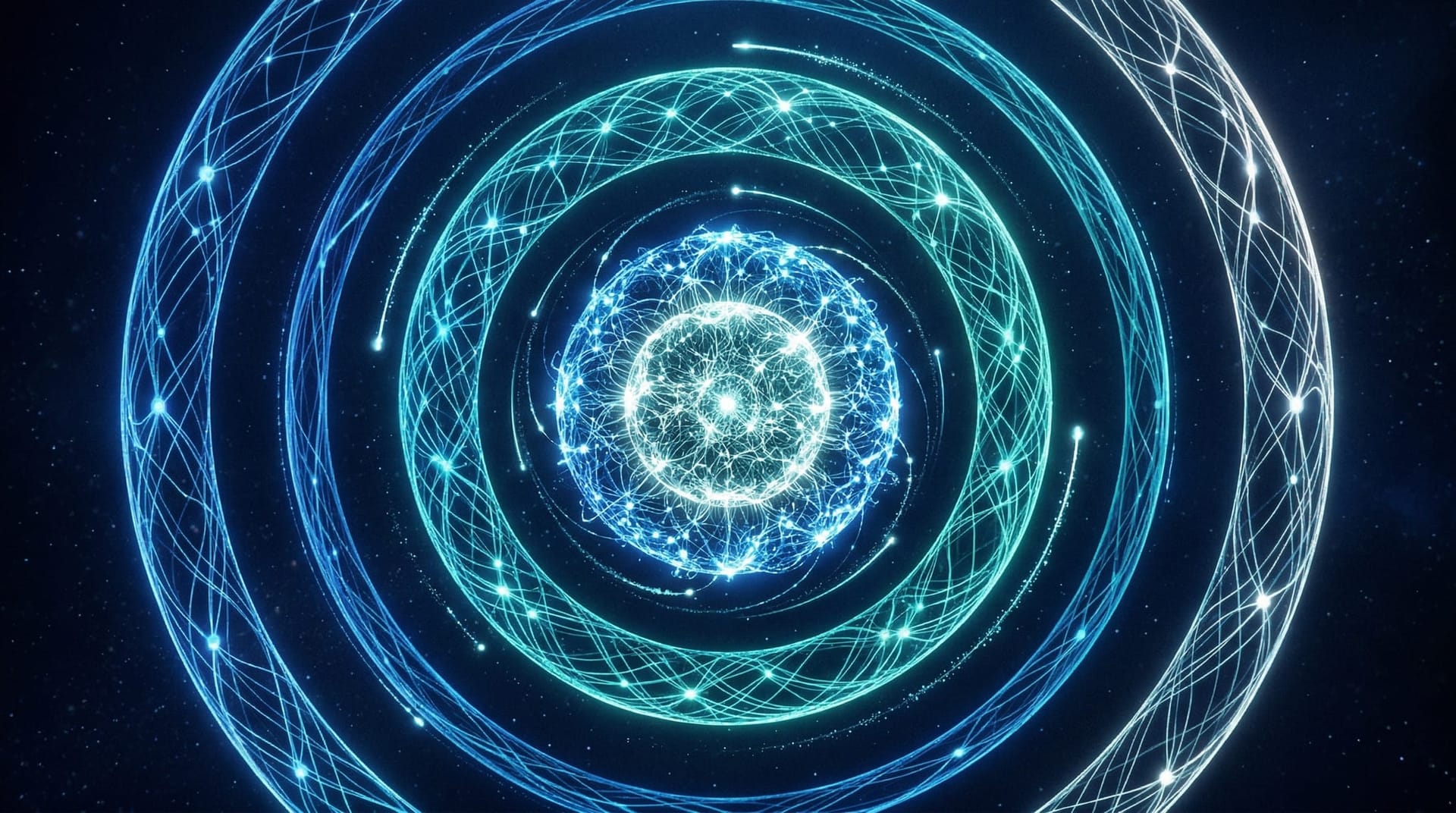 Concentric rings of glowing neural pathways demonstrating AutoAgent’s self-improving AI feedback loops for autonomous optimization