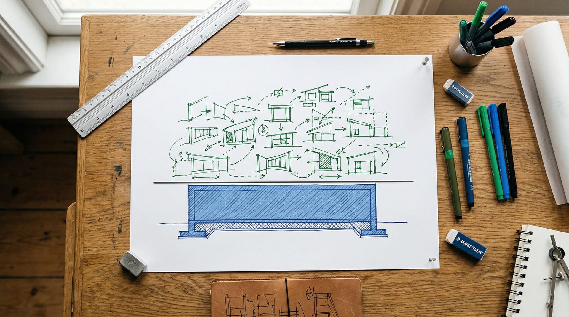 Overhead desk diagram showing two distinct layers: a stable blue model foundation below and an iteratively optimized green harness layer above