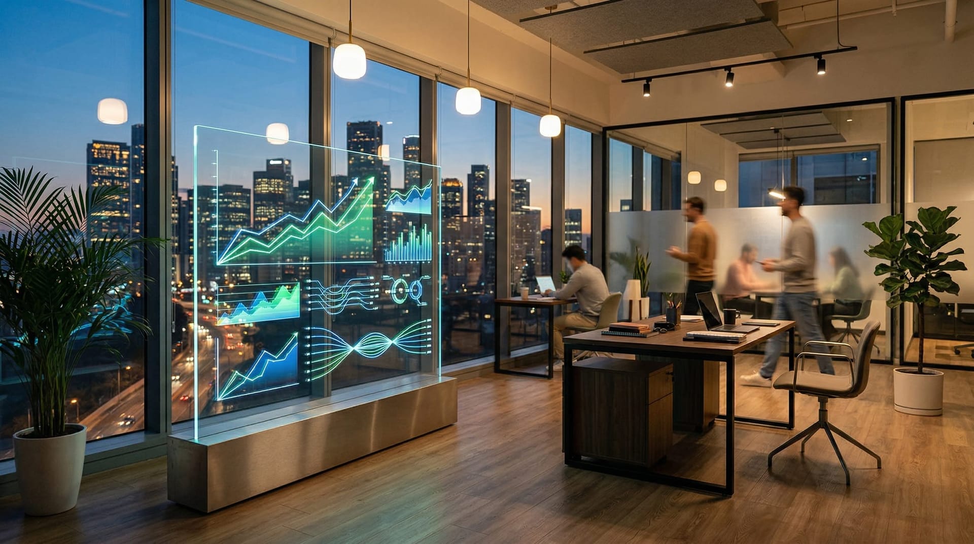 Sleek modern office at dusk with transparent performance display showing months of upward-trending self-optimizing AI improvement metrics