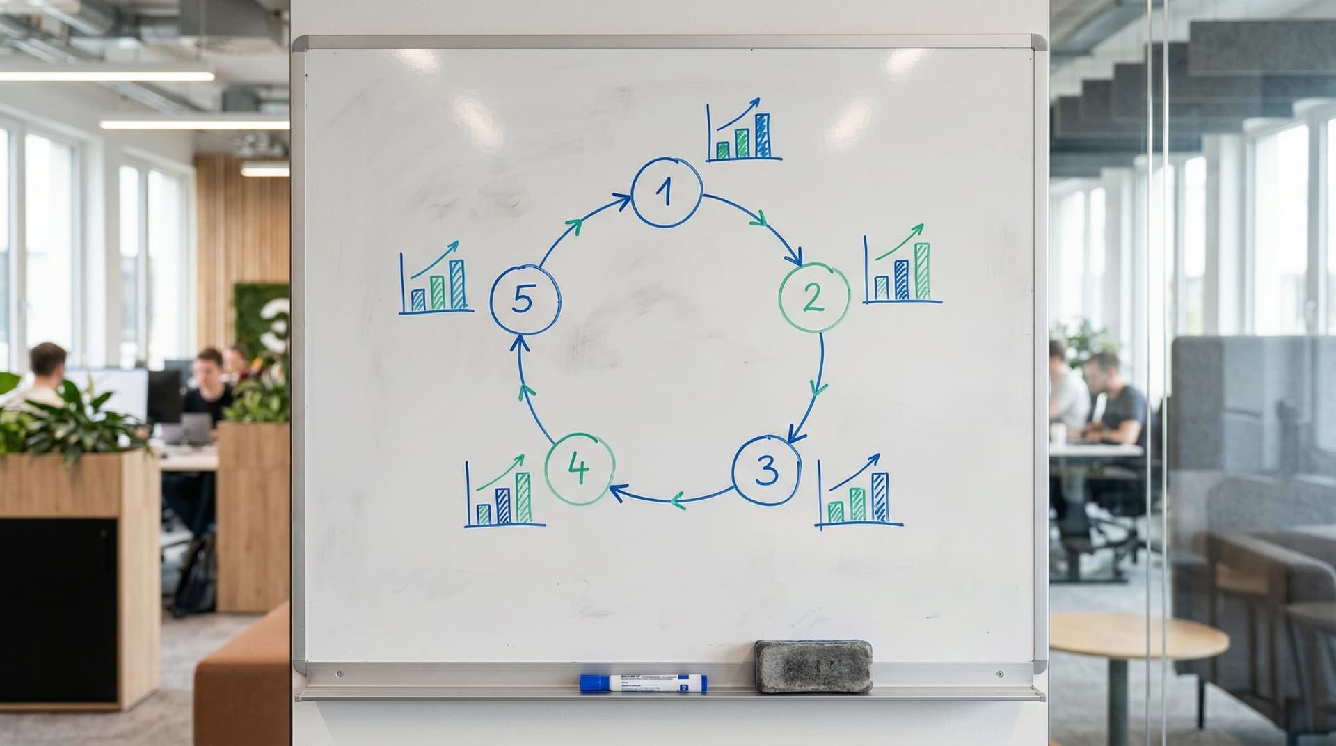 Whiteboard circular flow diagram with five connected nodes showing AutoAgent's iterative benchmark scoring and self-optimization cycle