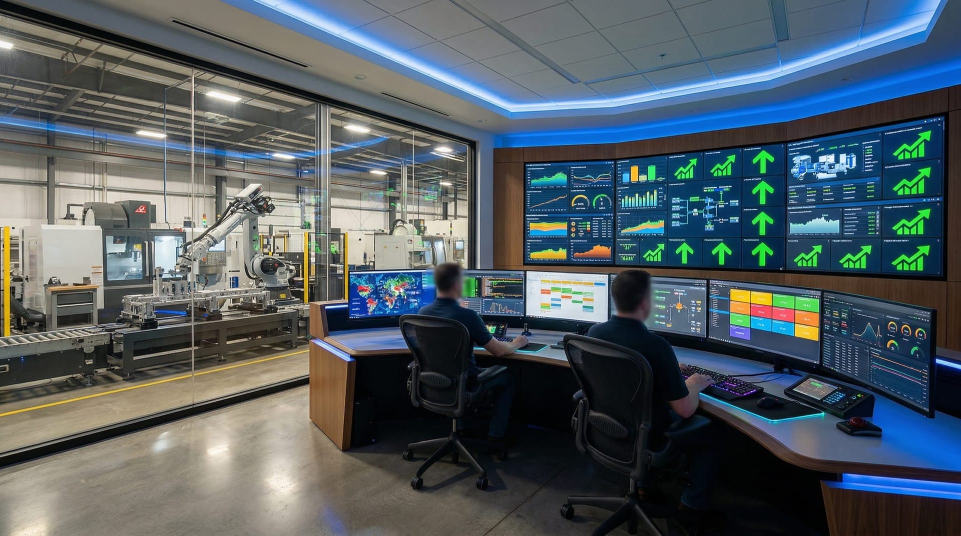 Manufacturing control room with dashboard monitors displaying AI-optimized workflow metrics and green upward-trending improvement indicators