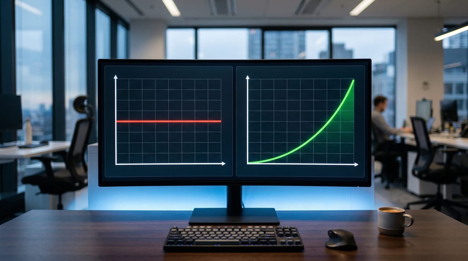 Side-by-side monitor display comparing a flat red performance line from static AI agents against a rising green curve from self-optimizing agents