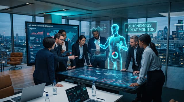 Business team watching an autonomous AI attack simulation on floating cyan dashboards with a holographic AI security analyst in a glass office