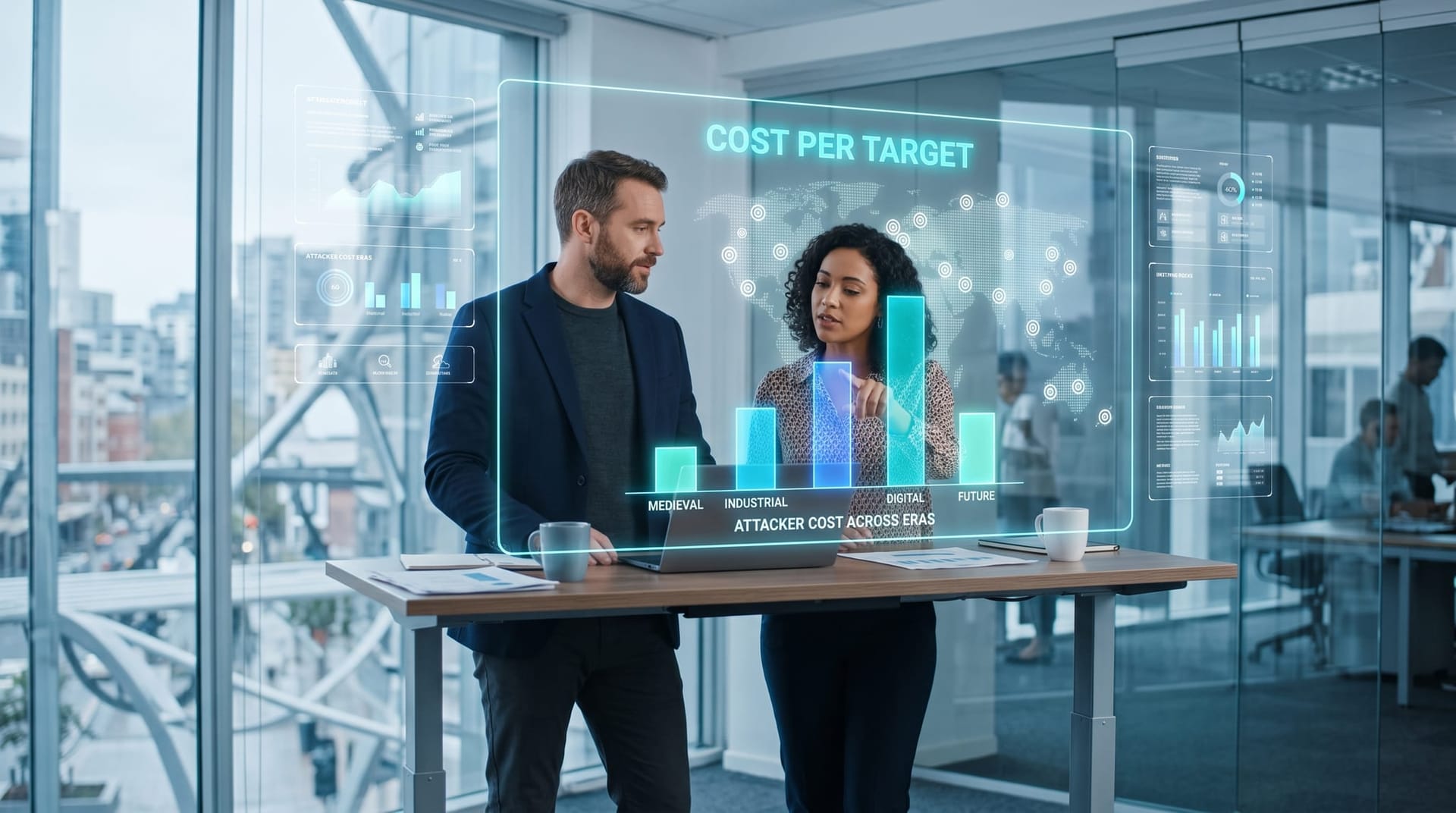 Small business owner reviewing autonomous AI attacker economics on a floating cyan chart comparing attacker cost per target