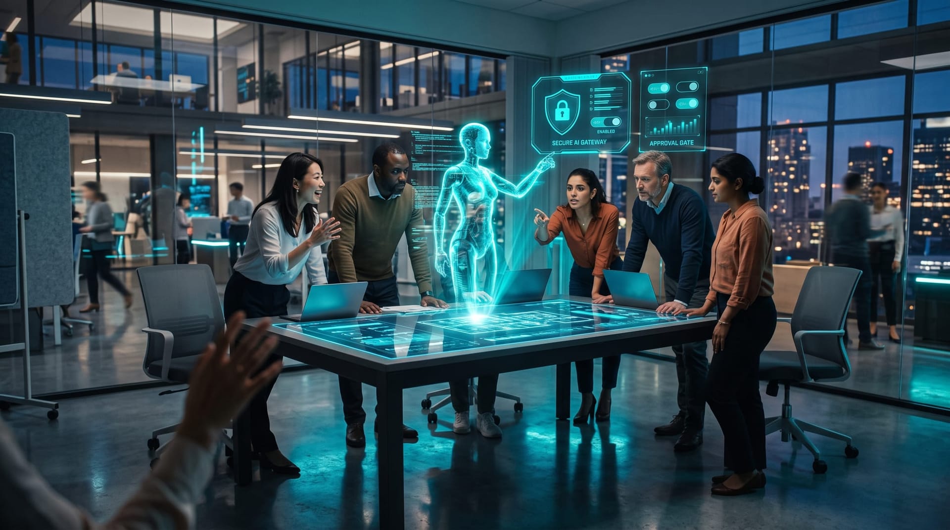 IT team configuring a secure AI gateway with scoped credentials and approval gates shown on glowing cyan holographic panels