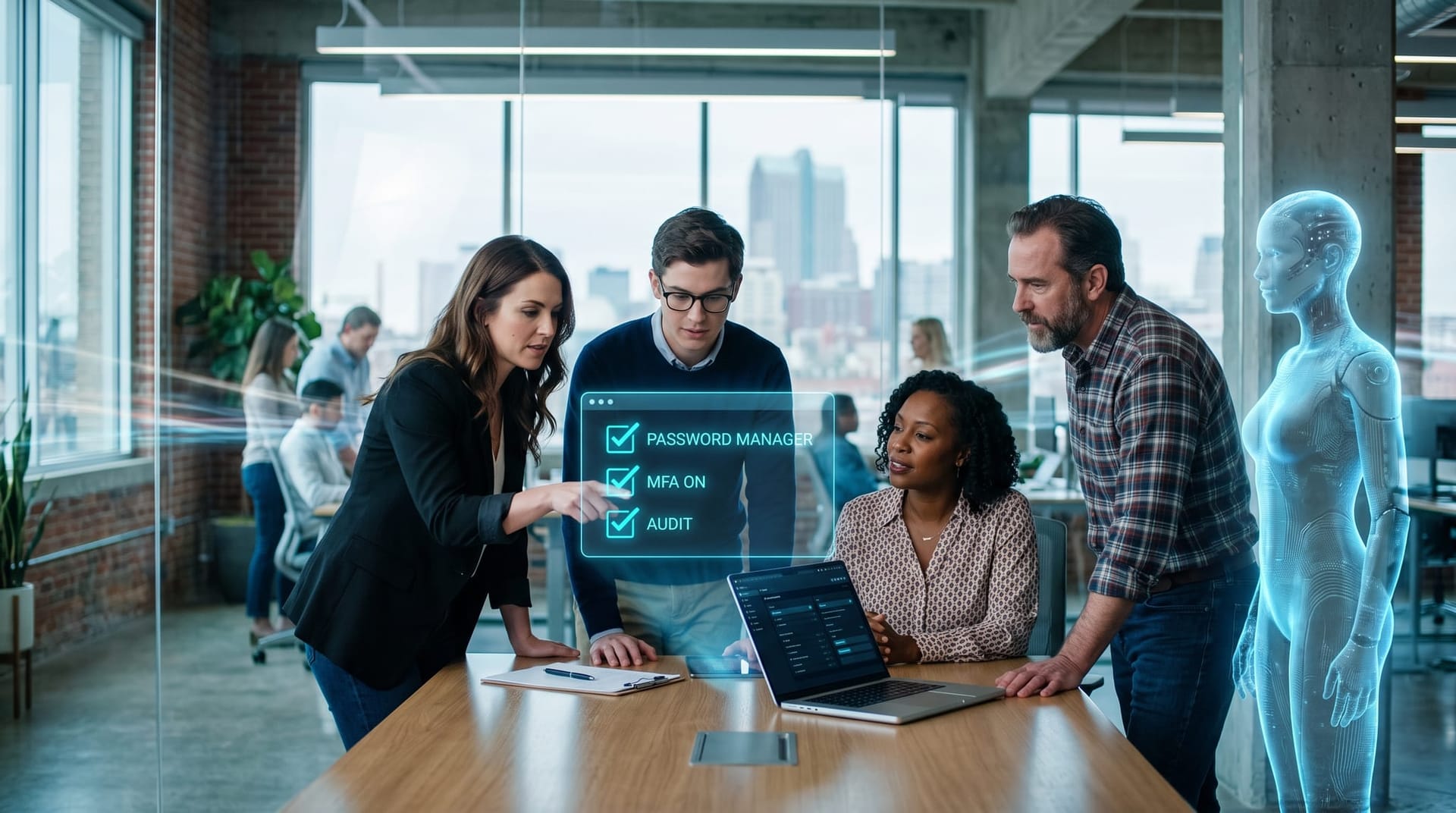 Northeast Indiana business team reviewing a quarterly AI security checklist on floating cyan holographic panels in a bright office