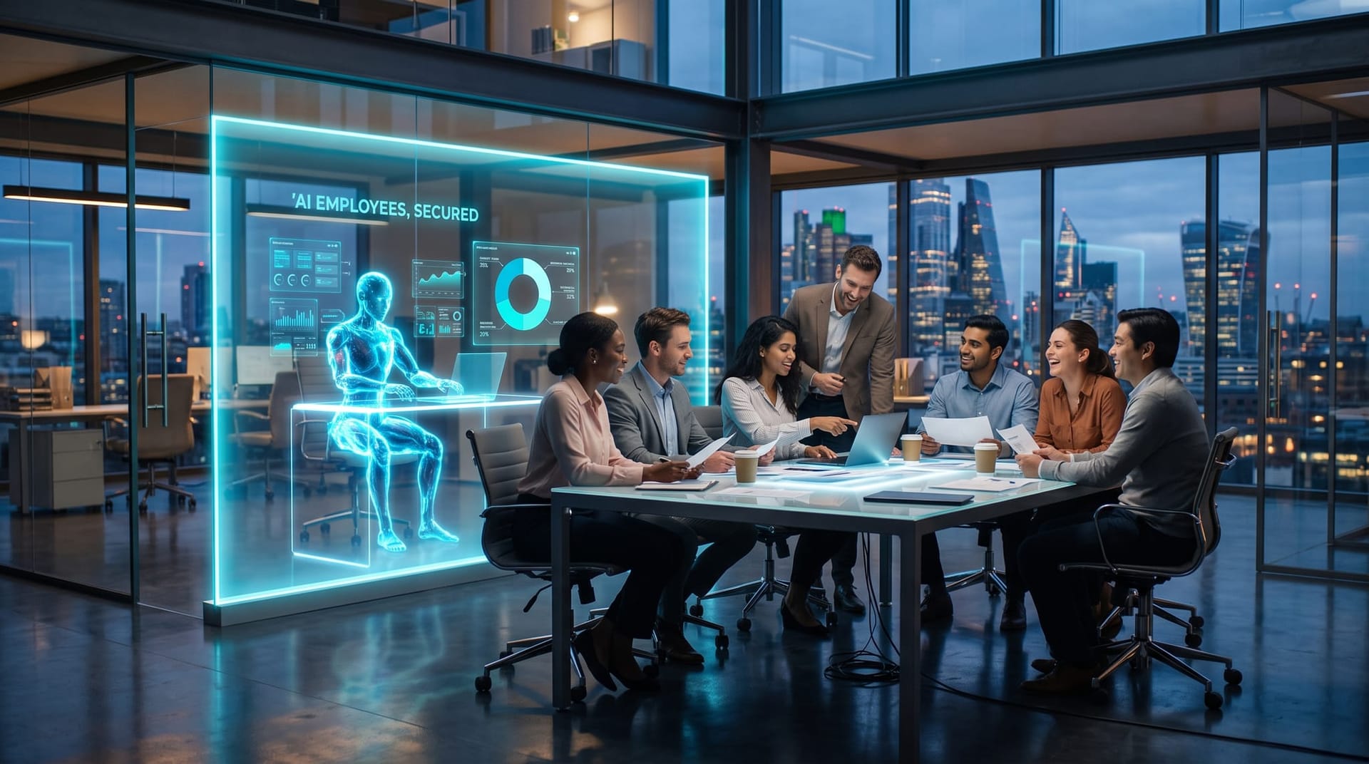 Holographic AI employee working safely behind a secure gateway boundary as a business team collaborates in a cool-lit office