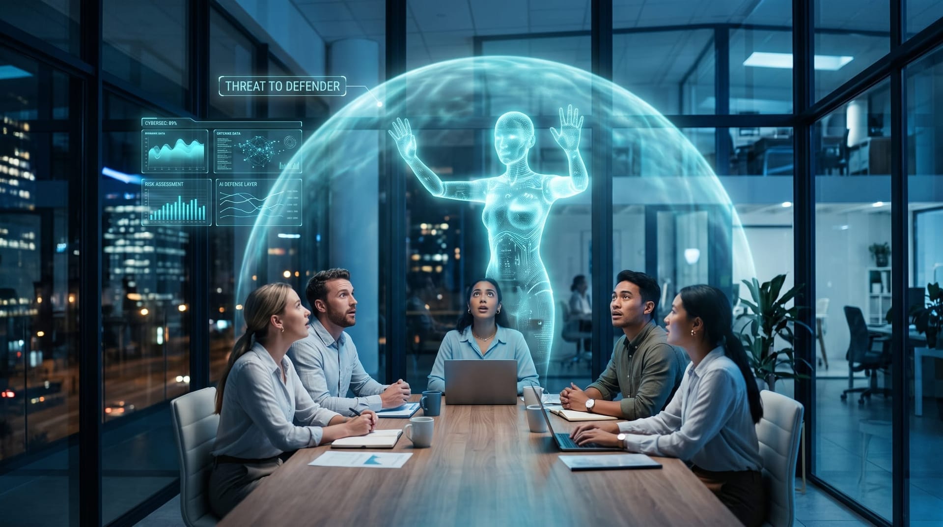 Holographic shield of cyan light forming over a business team as AI shifts from attack surface to autonomous defender in 2026