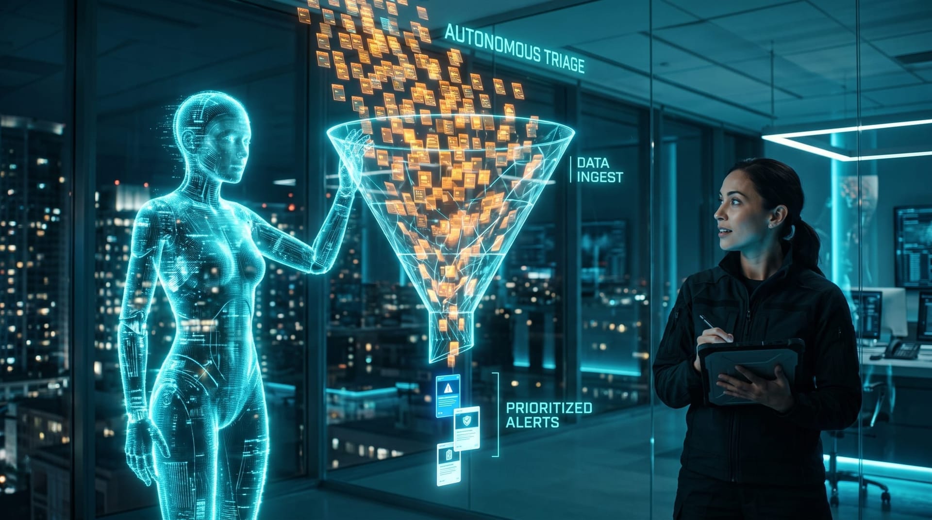 Stream of thousands of glowing cyan alerts funneling down into a few prioritized cases as an AI agent performs autonomous triage