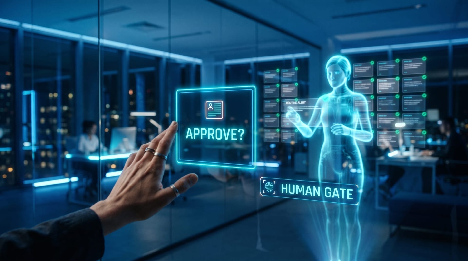 Human hand approving a highlighted case on a cyan holographic panel while an AI defender handles routine alerts, showing the human gate for high-stakes decisions