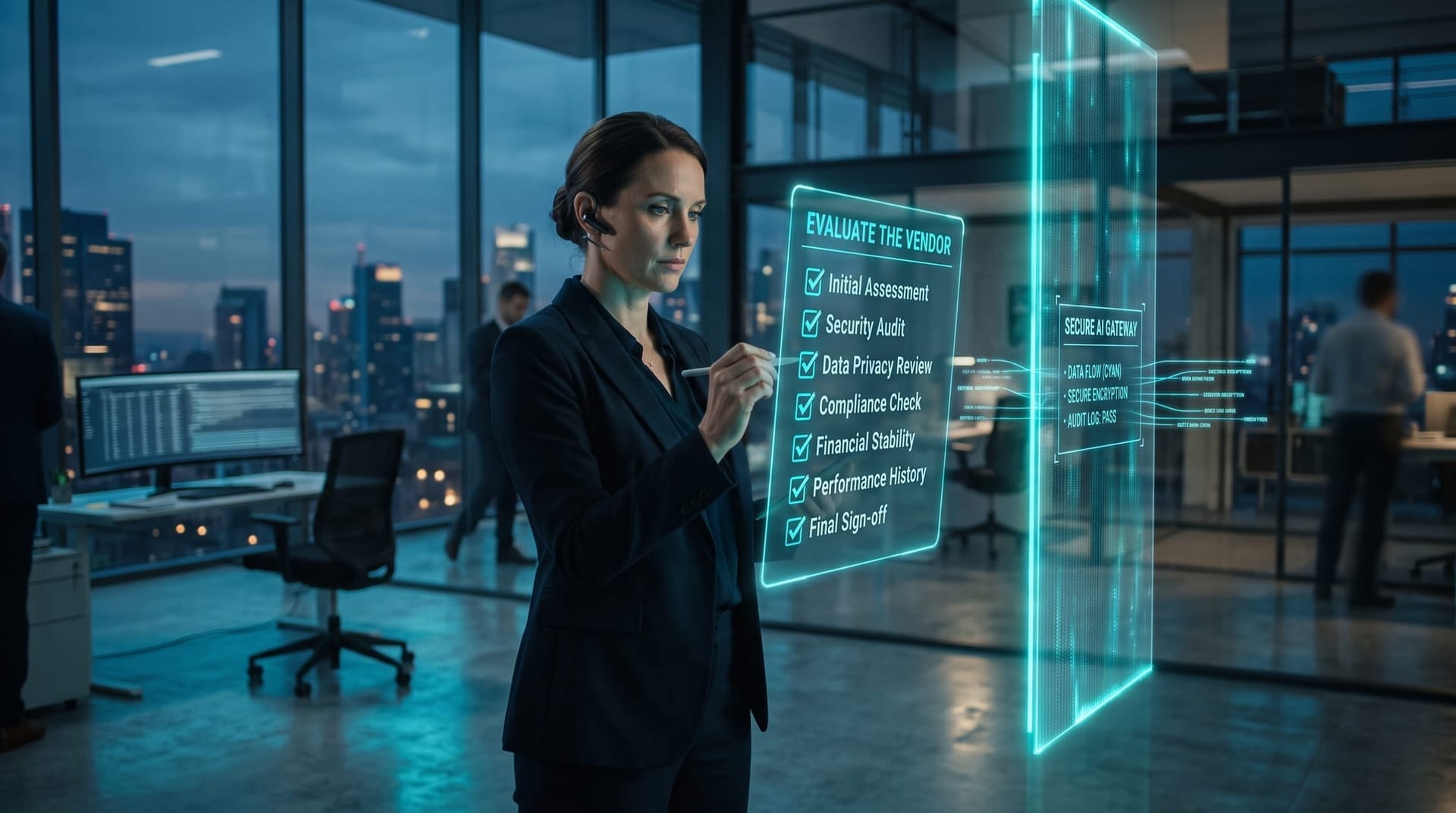 IT decision-maker reviewing a cyan holographic vendor-evaluation checklist beside a glowing secure gateway boundary protecting data flow