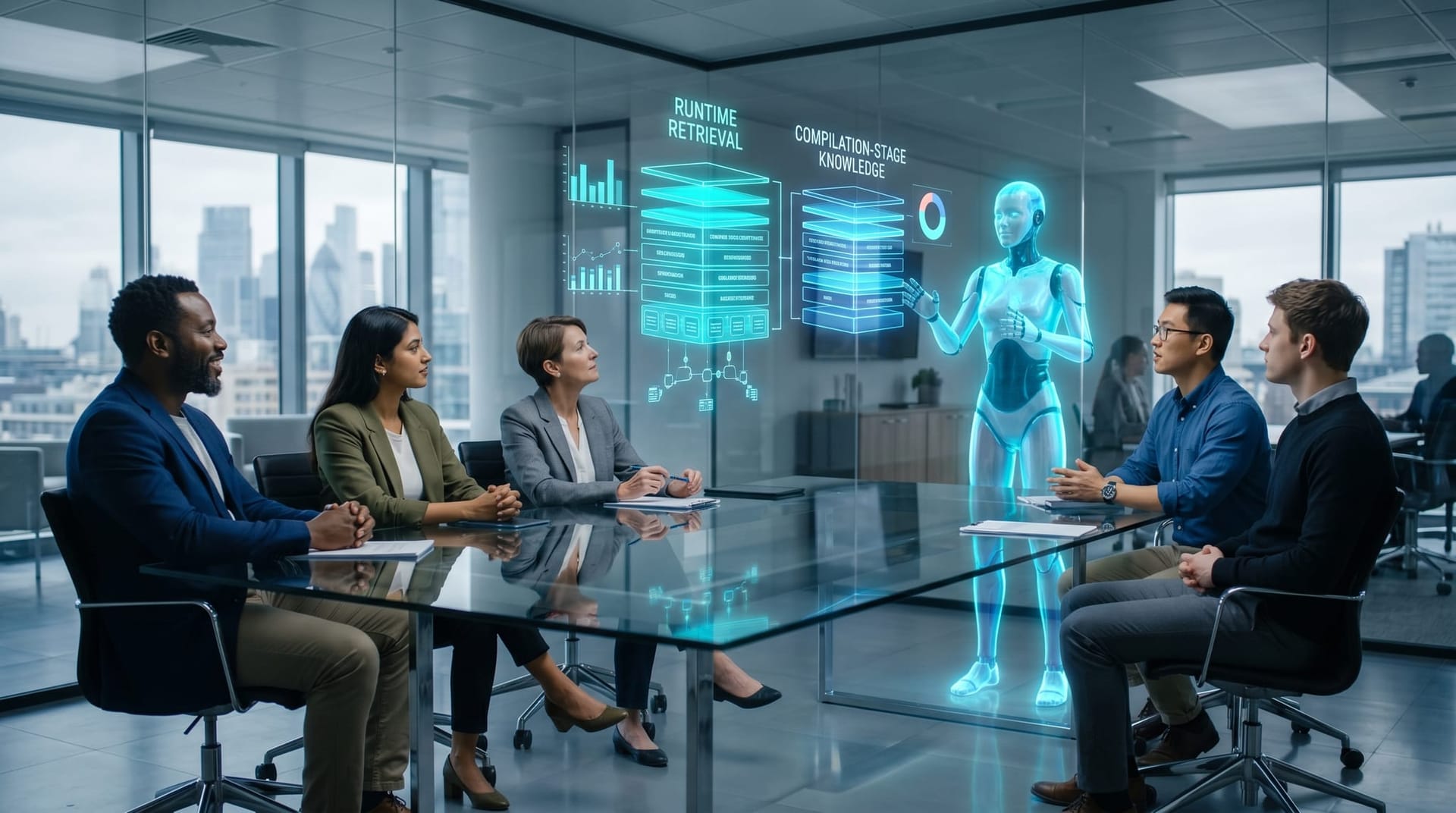 A diverse mid-market leadership team viewing a translucent cyan holographic AI Employee figure presenting a layered architecture diagram contrasting runtime RAG retrieval with a compilation-stage knowledge layer in a glass-walled boardroom.