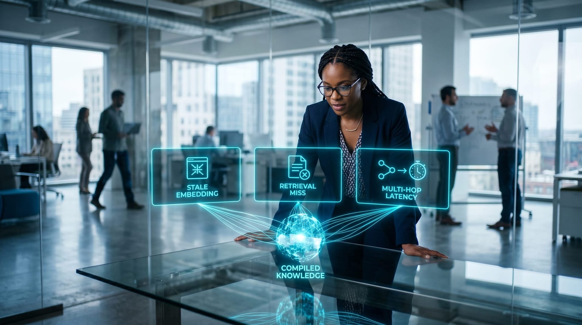 Three floating cyan holographic panels showing stale embeddings, retrieval miss, and multi-hop latency collapsing into a single compiled-knowledge node above a glass conference table.