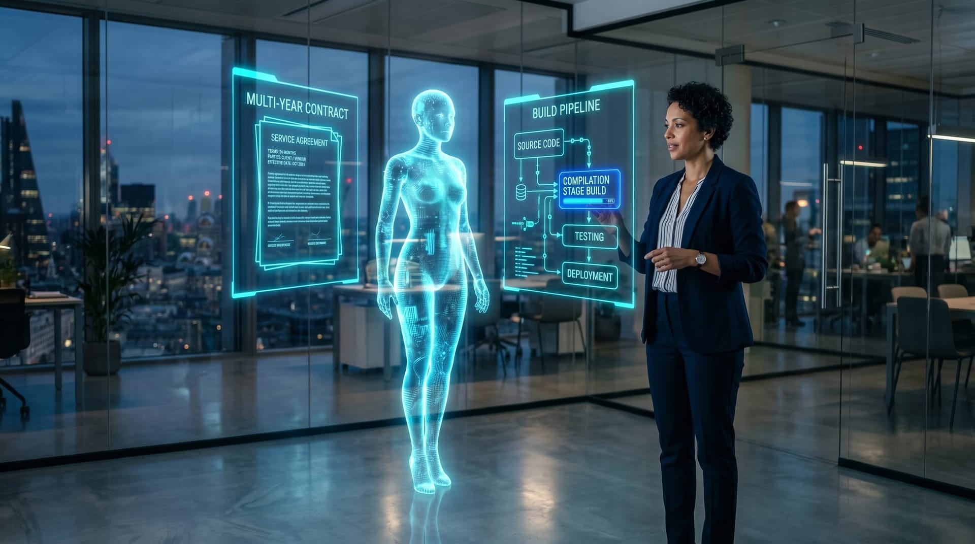 A translucent cyan holographic AI Employee figure standing between a contract document hologram and a build pipeline hologram as a mid-market IT director reviews the lock-in tradeoff in a glass-walled office.