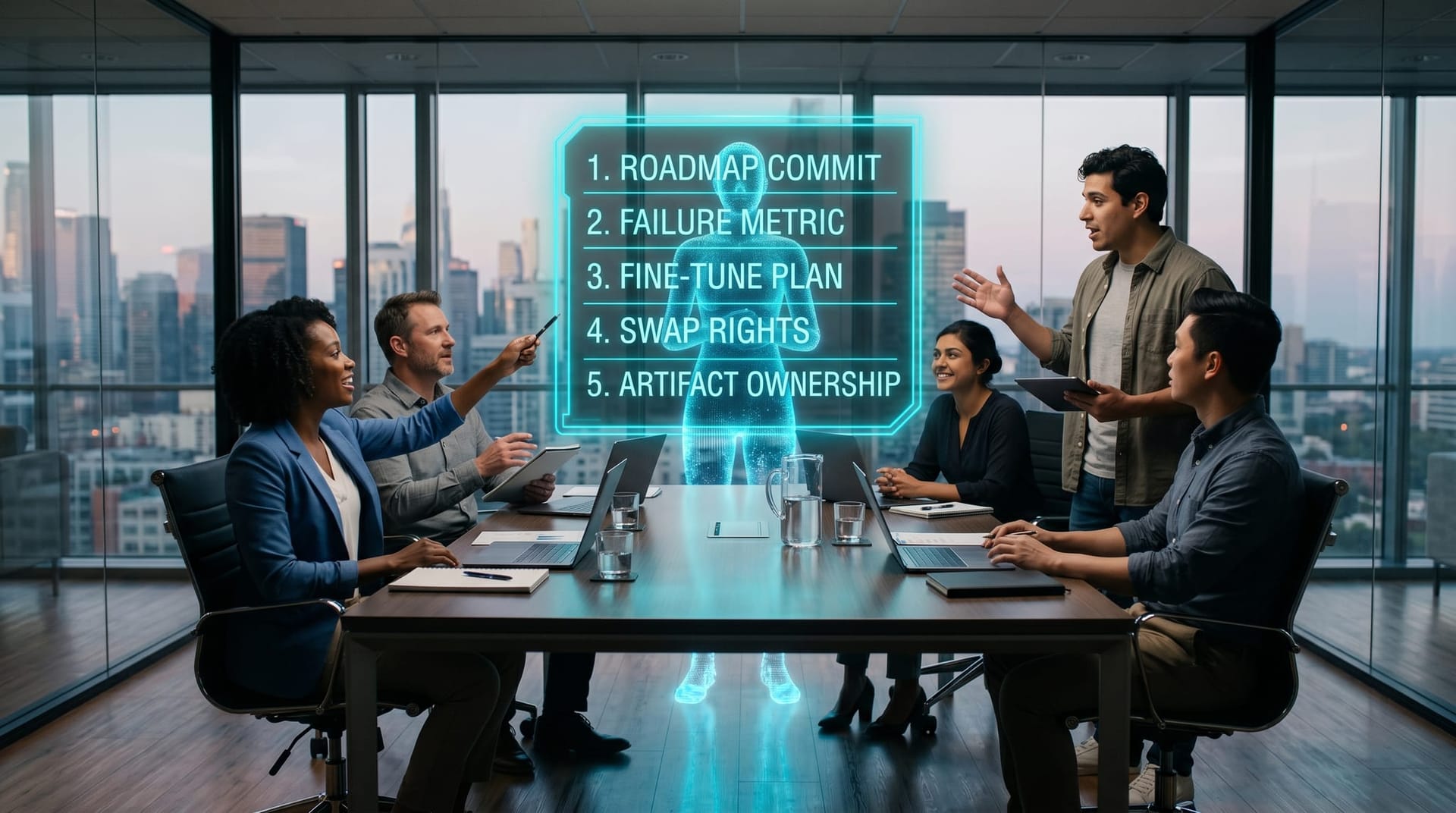 A diverse mid-market procurement team gathered around a conference table reviewing a floating cyan holographic five-question checklist as a translucent AI Employee figure presents the Architecture-Timing Test.