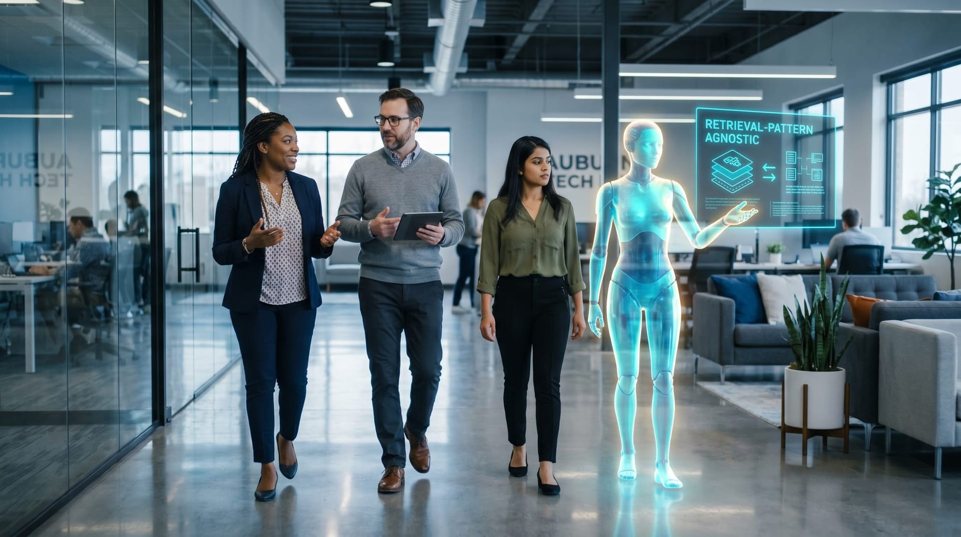 A Northeast Indiana mid-market IT team walking through a modern Auburn-corridor office with a translucent cyan holographic AI Employee figure displaying a portable governance substrate diagram beside them.