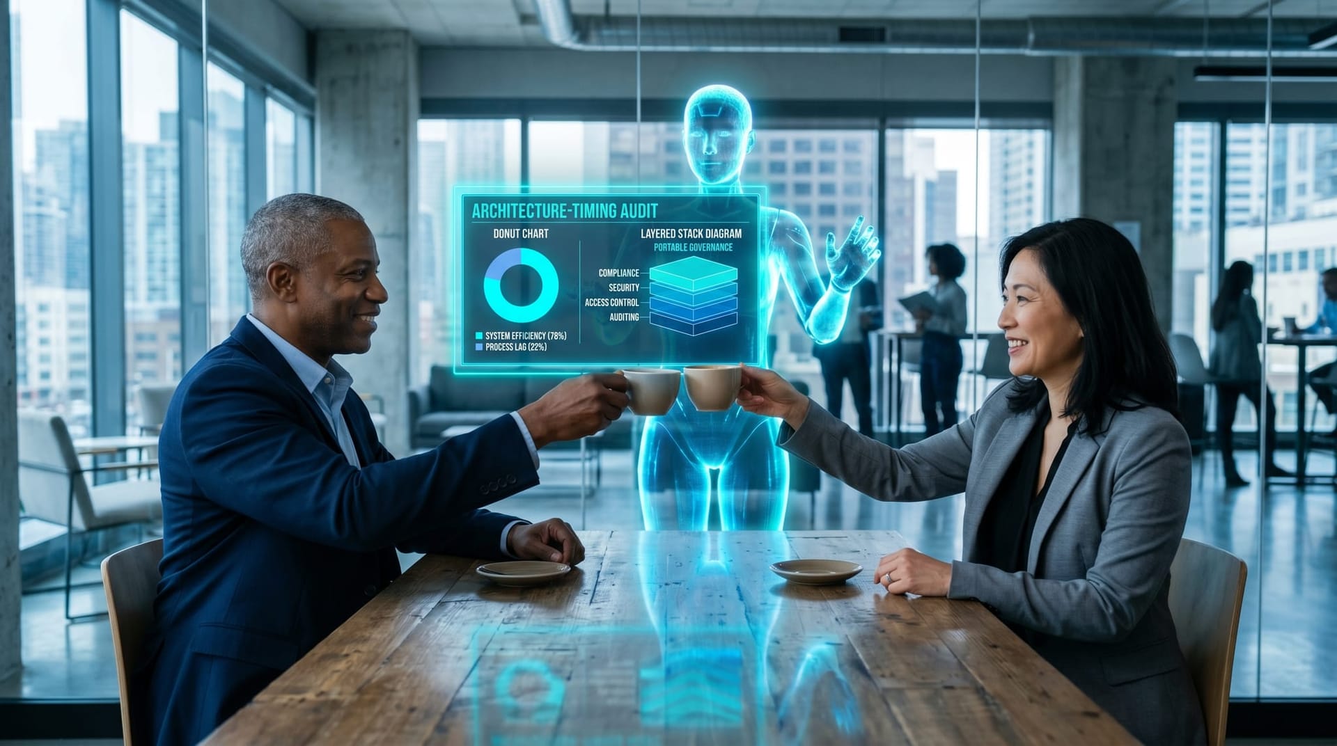 Two mid-market business owners in a modern boardroom raising coffee cups in a toast as a translucent cyan holographic AI Employee figure displays an architecture-timing audit summary nearby.