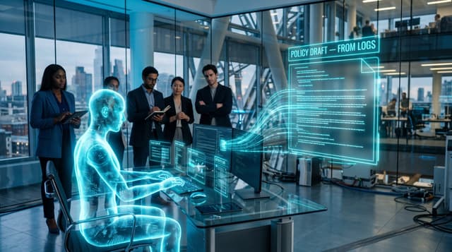 Translucent cyan AI avatar working at a desk while a business team observes its actions streaming onto a floating AI agent policy draft panel