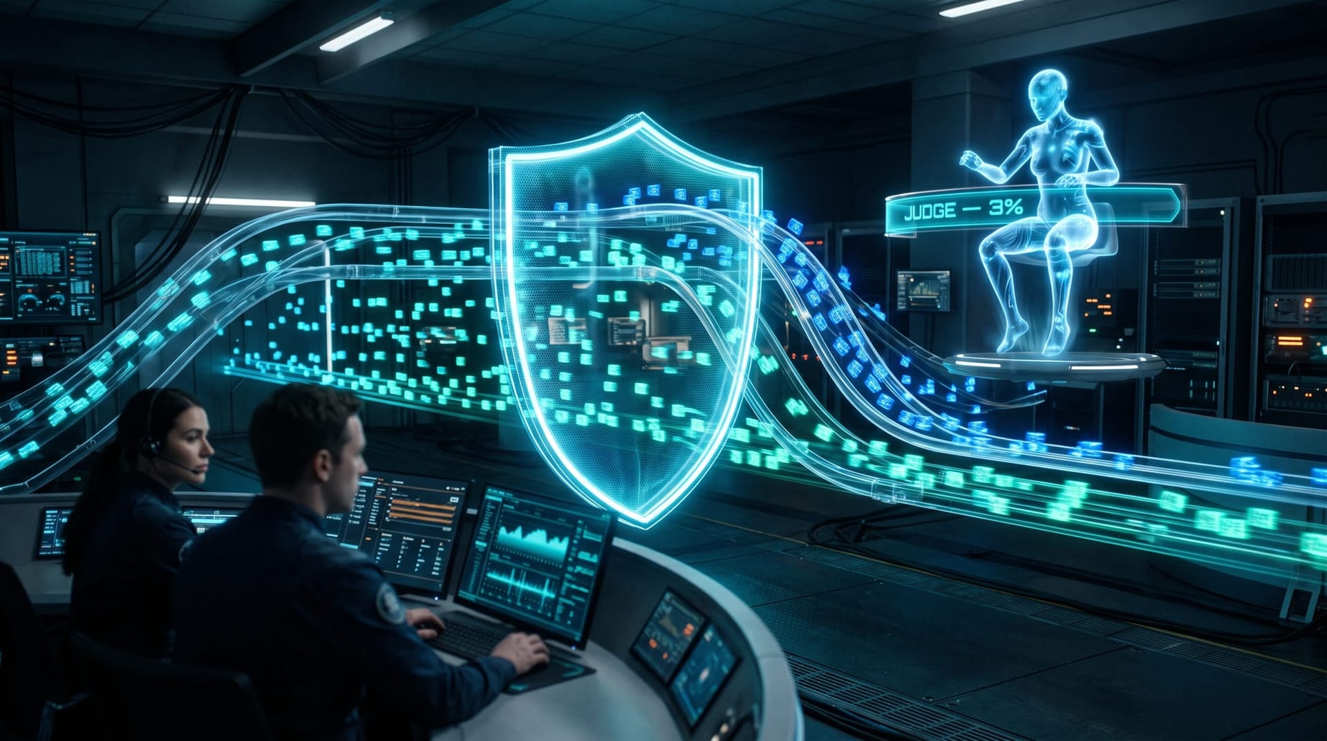 Glowing cyan checkpoint gateway inspecting streams of AI agent requests, with a small share flagged for judge review, illustrating the CrabTrap proxy