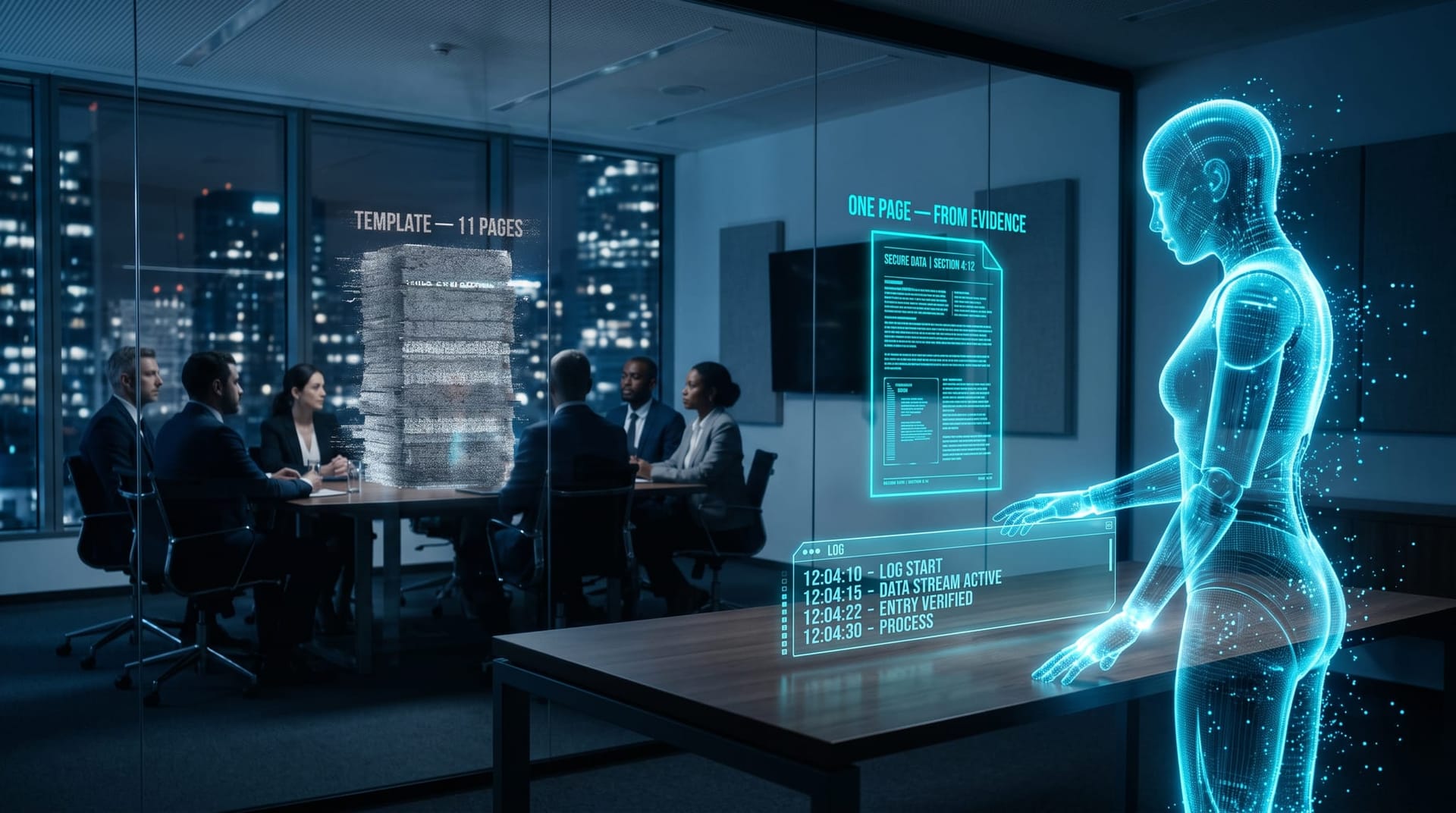 Conference-room committee's thick imagined AI policy binder fading beside a bright one-page policy generated from live agent activity logs