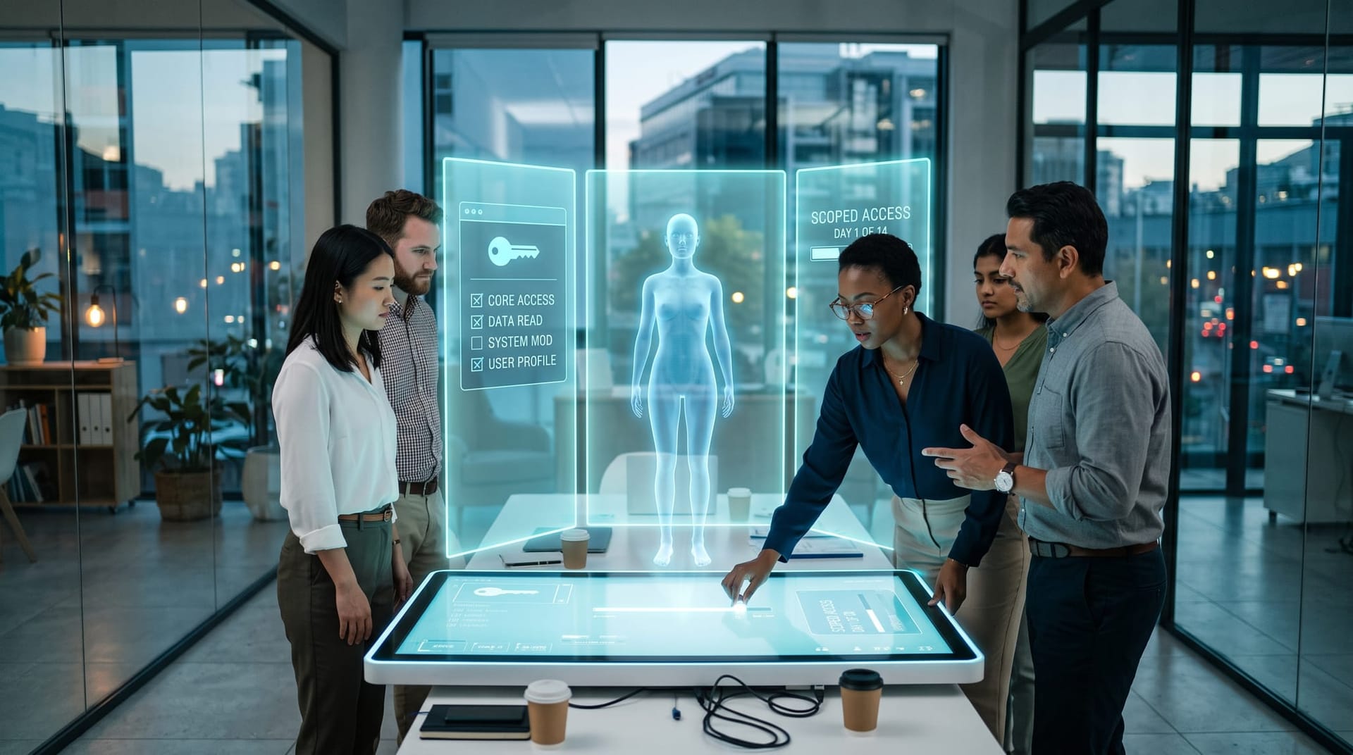 Business team setting scoped credentials and blast-radius caps around a contained cyan AI avatar before a two-week observation audit begins