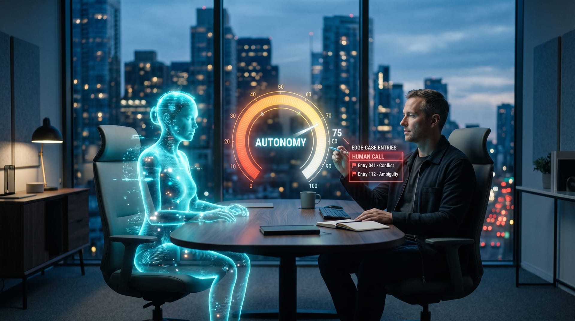 Human reviewer and cyan holographic AI avatar examining an autonomy dial and flagged edge cases together during an AI governance review