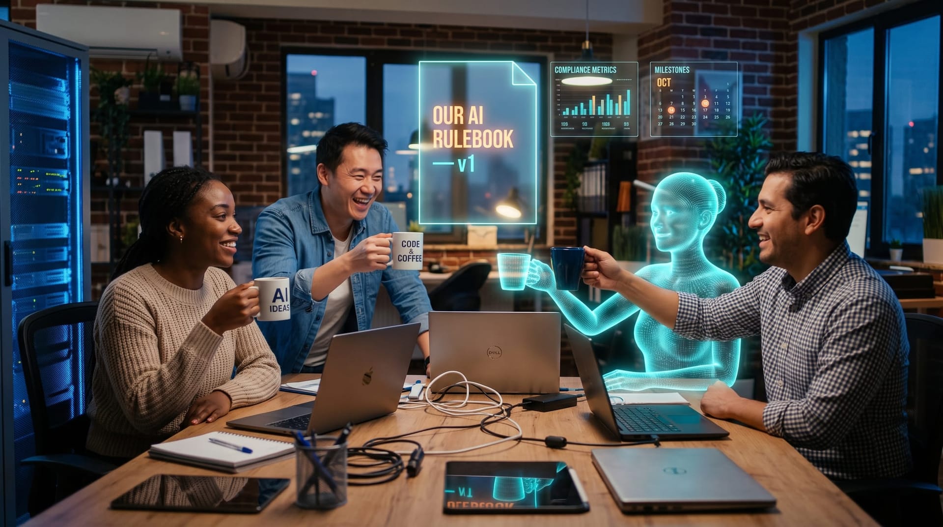 Small-office team toasting coffee cups with a cyan AI avatar over a finished one-page AI policy hologram after a two-week observation audit