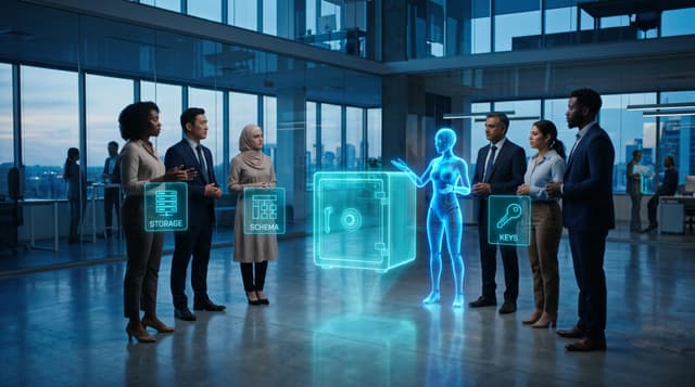 A diverse mid-market team in a glass-walled office gathers beside a translucent cyan holographic vault and AI humanoid as floating panels label persistent memory storage schema retention and keys.
